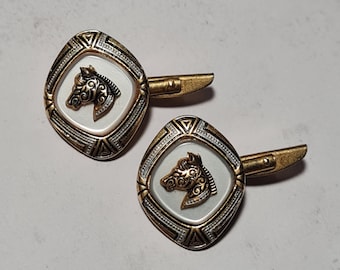 Vintage Metal Cufflinks Damascene Horse, Spanish Damascus Toledo Spain, Black & Gold Toggle Style