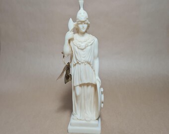 Vintage Athena Minerva Alabaster Statue, Goddess Figurine, Greek Mythology 10" Ornament, Shelf Decor [B]