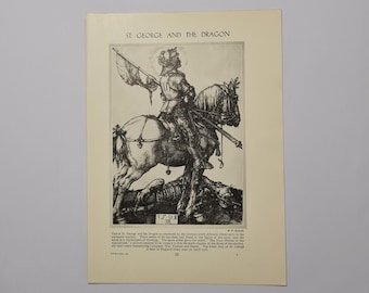 Albrecht Durer Vintage Print 1930s, St George and the Dragon, Knight Wall Art, Gothic Decor