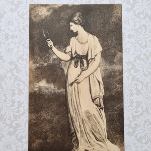 Carte postale vintage Prudence Cardinal Virtue New College Chapel fenêtre femme & miroir Glamour artiste religieux signé Joshua Reynolds