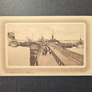 Melbourne 1910s Antique Postcard Original ~ Port Pier Victoria Australia Steam Ship Historic Sepia Photo Post Card Embossed Memorabilia 1911