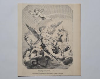 Antique Goddess Engraving 1856, Aurora Roman Mythology Print, Chevignard, Celestial Wall Art Decor