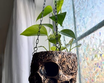 Copper Floral Skull Hanging Planter