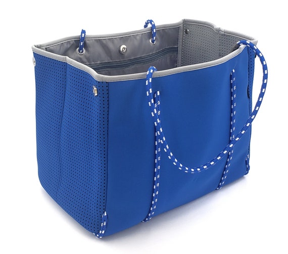 Seacoast Trading Neoprene Beach Bag Tote W/ 2 Zippered Inner Pockets &  Button Main Enclosure Blue 