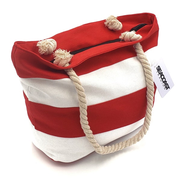 Nautical Striped Canvas Seacoast Trading Carry All Beach Bag Tote (Red)