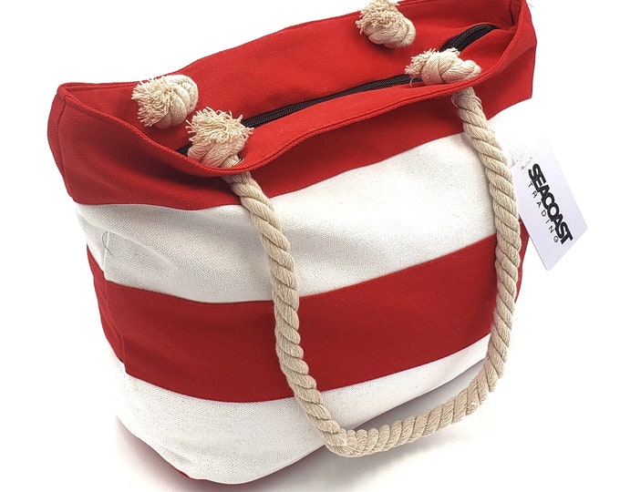 Nautical Striped Canvas Seacoast Trading Carry All Beach Bag Tote (Red)