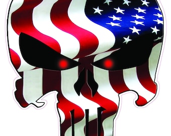 May include: A skull-shaped graphic with a design mimicking the American flag. The design features red and white stripes, a blue field with white stars, and black eye sockets with glowing red pupils. The overall effect is a patriotic and edgy design.