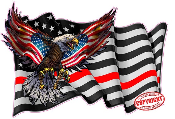 Thin Red Line First Responders waving American Flag Eagle decal