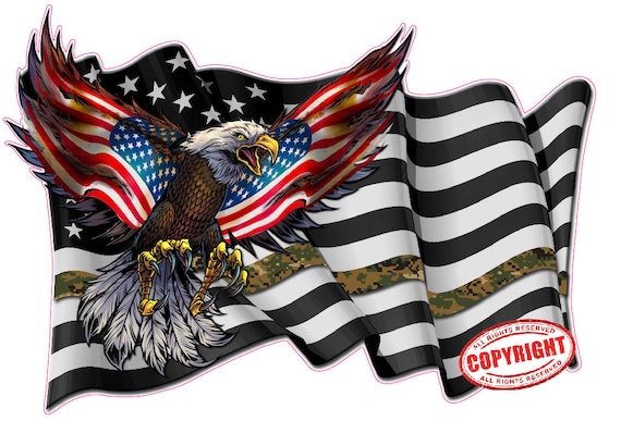 Thin Green Line Military waving American Flag Eagle decal