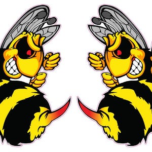 May include: Two cartoon bees with black and yellow stripes, red eyes, and angry expressions. The bees are facing opposite directions and have their fists clenched. The bees have gray wings and are on a white background.