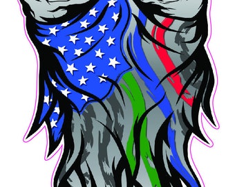 May include: A gray skull with a bandana covering the lower face. The bandana is blue, white, and red with a thin green stripe. The skull is stylized with a flame-like design.