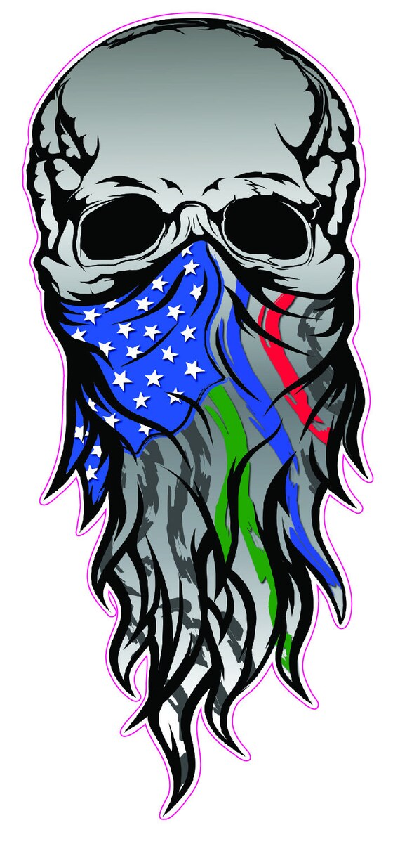 Skull American Flag Thin Green Blue Red Line Military Law Enforcement First Responders Bandana Decal