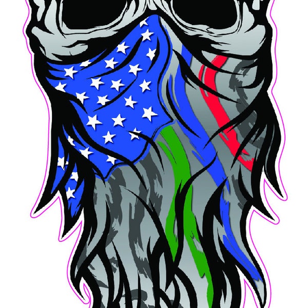 Skull American Flag Thin Green Blue Red Line Military Law Enforcement First Responders Bandana Decal