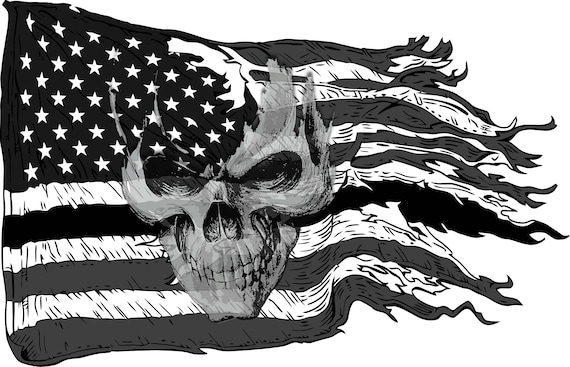 American ripped flag black & white with skull decal