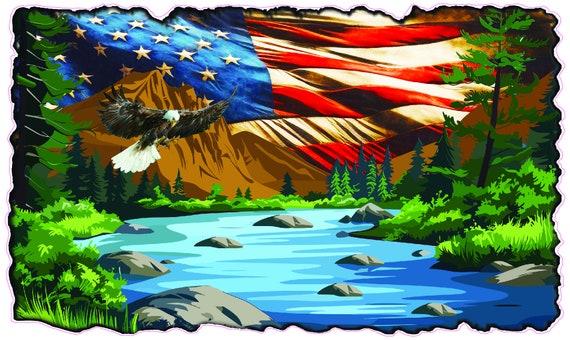 RV Camper Graphics Mountain Lake Scene with American Flag and Soaring Eagle Decal
