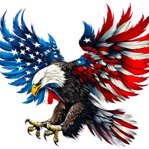 May include: A bald eagle with its wings spread wide, the feathers are painted in the colors of the American flag, red, white, and blue.