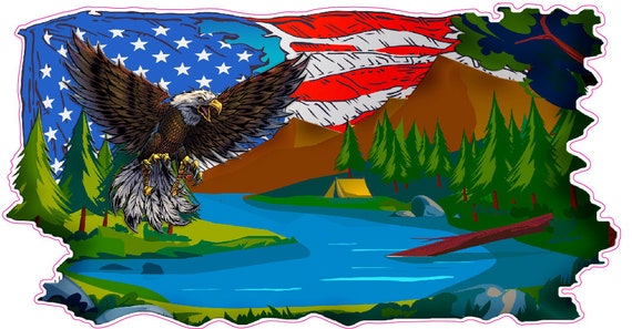 RV camper Graphics Mountain Lake scene with American flag and Eagle decal