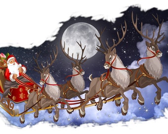 Christmas and Holiday Wall Decor Decal Santa Claus with Sleigh and Reindeer