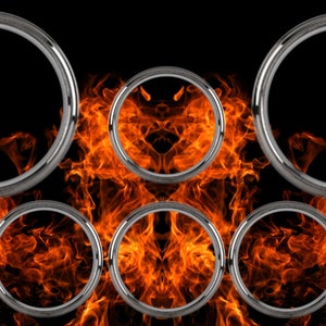 May include: A digital art piece featuring a fiery background with flames in shades of orange and red. Overlaid are eleven silver, circular frames of varying sizes, creating a dynamic and eye-catching composition. The black background enhances the contrast.