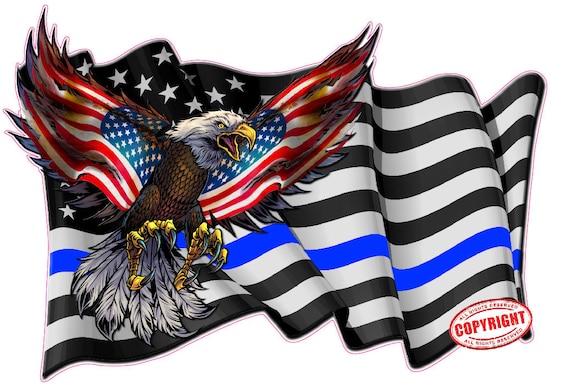 Thin Blue Line Law Enforcement waving American Flag Eagle decal