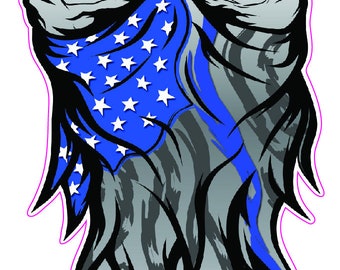 May include: A black and white skull with a blue and white bandana covering the lower face. The bandana has a thin blue line and stars on a blue background. The bandana is patterned with a camouflage design.