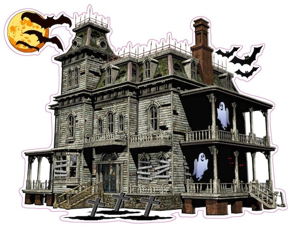 Halloween haunted house Moon with Bats  and ghost Wall or Window Decor Decal