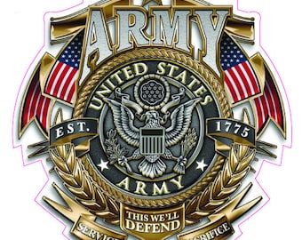 May include: A detailed emblem featuring the words "ARMY" and "UNITED STATES ARMY" in metallic gold and silver. The design includes the American flag, an eagle, and the text "EST. 1775". The emblem also has the words "SERVICE", "HONOR", "SACRIFICE", and "THIS WE'LL DEFEND".