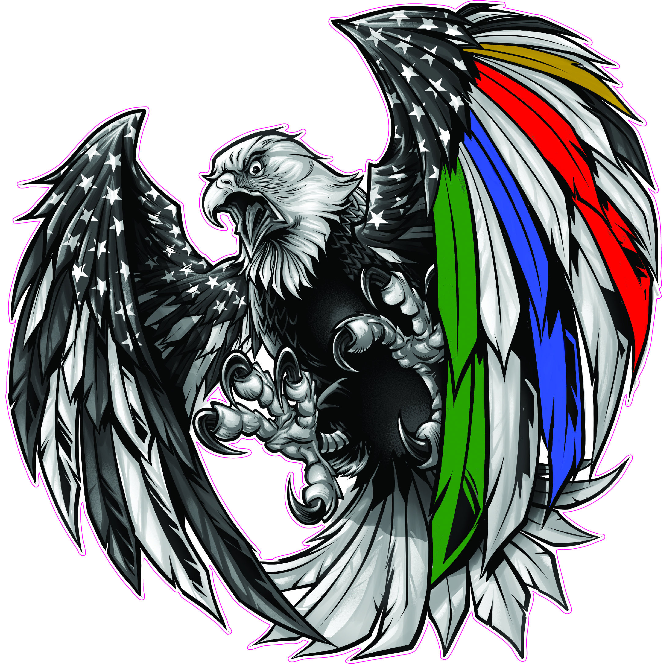 Screaming American Flag Bald Eagle Wings Black & White Decals 