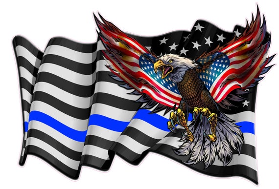 Thin Blue Line Law Enforcement waving American Flag Eagle Left decal