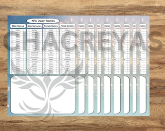 dnd npc dwarf names sheet - male female surname don&#39;t duplicate for DM dungeon masters generator tools pdf printable dungeons and dragons