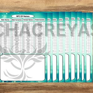 dnd npc elf names sheet - male female surname don&#39;t duplicate for DM dungeon masters generator tools pdf printable dungeons and dragons