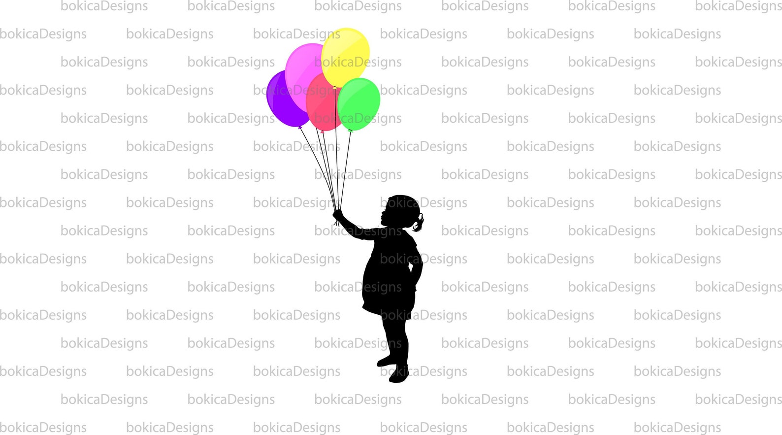 Little Girl Holding Colorful Balloons Silhouette Scalable Etsy