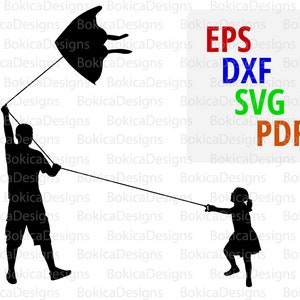 little girl and her father playing with kite - scalable vector graphics,silhouette, SVG,EPS,DXF,pdf, png,jpg files,printable