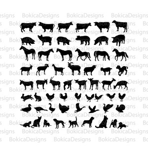 May include: A collection of black silhouettes featuring various farm animals including cows, pigs, horses, goats, sheep, chickens, ducks, geese, turkeys, cats, and dogs, arranged in rows against a white background with the repeating text BokicaDesigns.