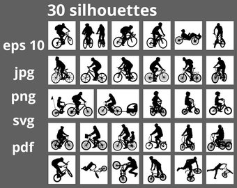 30 bicyclists silhouettes SVG,EPS,Pdf vector artwork,printable,easy editable high raster Jpg's and Png's -  30 bicyclists silhouettes vector