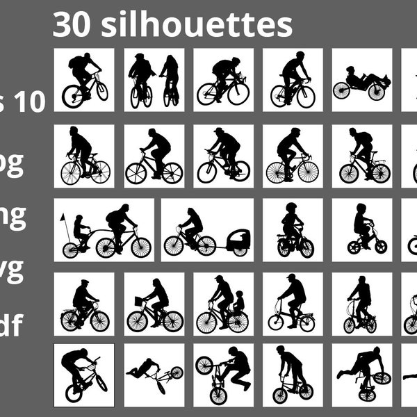 30 bicyclists silhouettes SVG,EPS,Pdf vector artwork,printable,easy editable high raster Jpg's and Png's -  30 bicyclists silhouettes vector