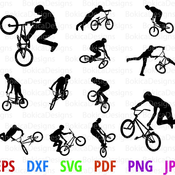 BMX stunt bicyclists silhouettes SVG,EPS,Dxf,Pdf vector artwork,printable,easy editable high raster Jpg's and Png's - - - BmX vector artwork
