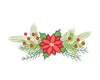 Könnte beinhalten: Gesticktes Weihnachtsdesign mit einer roten Weihnachtssternblume mit weißem Zentrum, grünen Stechpalmenblättern, roten Beeren und grünen Tannennadeln. Das Design befindet sich vor einem weißen Hintergrund, ideal für Weihnachtsdekorationen.