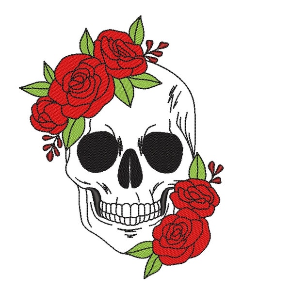 Skull with Flowers Embroidery Design, 4 sizes, Instant Download