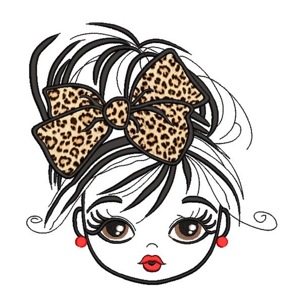 Applique Leopard Bow Girl Embroidery Design, 4 tailles, Téléchargement instantané