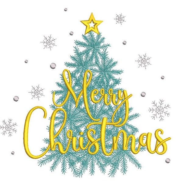 Merry Christmas Embroidery Design, Christmas Tree Embroidery File, 3 sizes, Instant Download