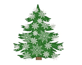 May include: A green Christmas tree with white snowflakes on it.
