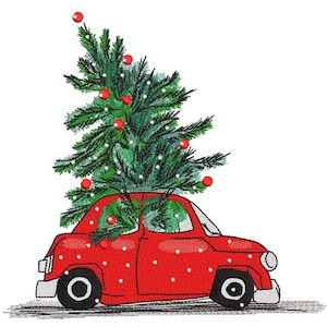 Christmas Tree Embroidery Design, Vintage Car Embroidery File, 4 sizes, Instant Download