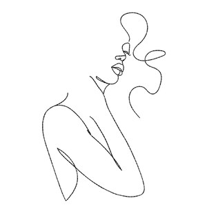 Puede incluir: Dibujo de línea de la cara y el hombro de una persona, con la cabeza inclinada hacia un lado y los ojos cerrados.