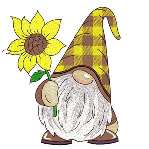 Gnome with a Sunflower Embroidery Design, 4 sizes, Instant Download