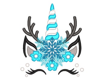 May include: A blue and white unicorn head with antlers, a snowflake, and blue flowers. The unicorn has black eyelashes and a white background.