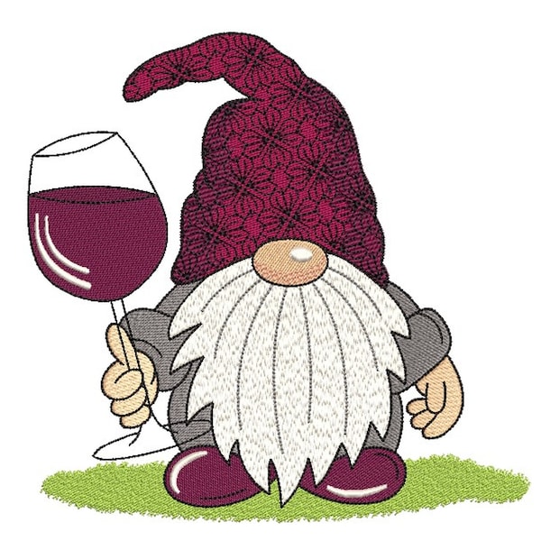 Wine Gnome Machine Embroidery Design, 3 sizes, Instant Download