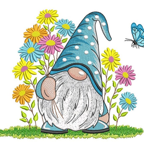 Gnome in Flowers Embroidery Design, 3 sizes, Instant Download