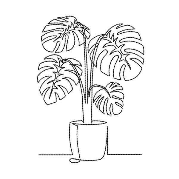 Monstera leaf in a pot embroidery design, One line art embroidery design, 5 sizes, Instant Download