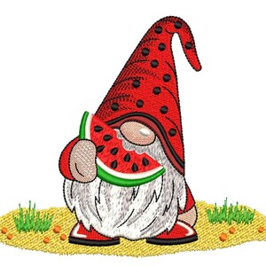 Summer Gnome with a Watermelon Embroidery Design, 3 sizes, Instant Download image 1